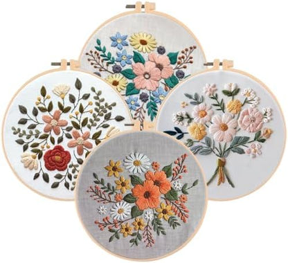 Huacan Embroidery Kits Flower for Adults Beginner 4 Pcs DIY Cross Stitch Stamped Flowers Pattern Stitching Sewing Kit 7.9 x 7.9 Inch by Home