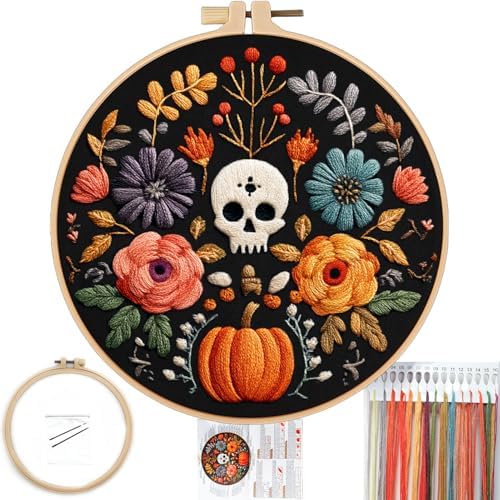 FONNUY Halloween Embroidery Kits for Beginners,Skull Pumpkin Spider Web Floral Stamped Cross Stitch Kit for Adults, Spooky Season Boho Wall Decor, 8'' Hoop (Skull 2) by FONNUY