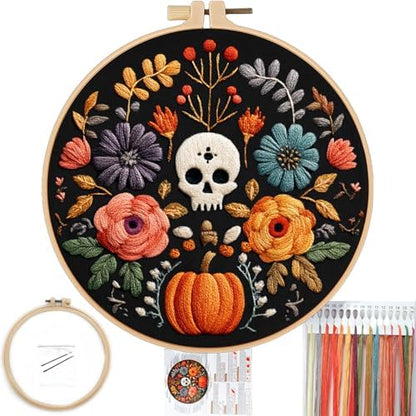 FONNUY Halloween Embroidery Kits for Beginners,Skull Pumpkin Spider Web Floral Stamped Cross Stitch Kit for Adults, Spooky Season Boho Wall Decor, 8'' Hoop (Skull 2) by FONNUY