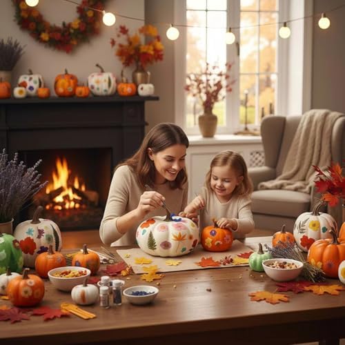 Canlierr 12 Pcs Large Craft Pumpkins & 150 Dried Flower, Orange White Green - Image 6