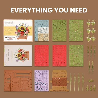 ROBOTIME 3D Wooden Bloom Box Puzzle, Adults' Flower Bouquet Building Set, Artificial Flowers Home Decor, Gift for Wedding/Mother's Day/Birthday, Wood Craft Kit - Image 2