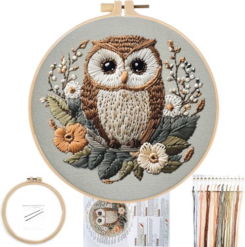 FONNUY Embroidery Kit for Beginners, Owl Flowers Pre-Stamped Pattern Kits for Adults with Hoop, Easy to Follow Color Thread Needlework, 8'' Hoop (Brown) by FONNUY