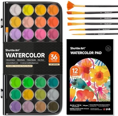 Shuttle Art 43 Pack Watercolor Paint Set, 36 Colors Watercolor Paint Pan Set with 6 Brushes and 1 Watercolor Pad for Beginners, Artists, Kids & Adults Watercolor Painting, Bullet Journal, Calligraphy by ShuttleArt