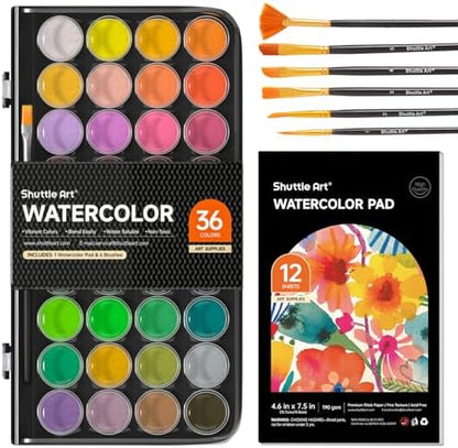 Shuttle Art 43 Pack Watercolor Paint Set, 36 Colors Watercolor Paint Pan Set with 6 Brushes and 1 Watercolor Pad for Beginners, Artists, Kids & Adults Watercolor Painting, Bullet Journal, Calligraphy by ShuttleArt