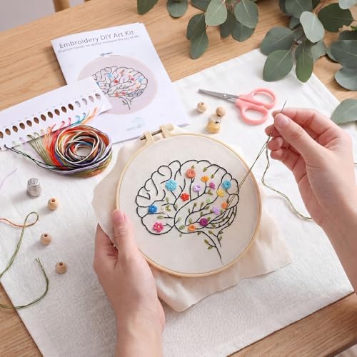 Fanfanwin 1 Set Brain Embroidery Kit for Beginner Floral Brain Cross Stitch Kits Easy Embroidery with Hoop, Needles, Threads, Instruction Threads Tools DIY Craft Art for Mental Health Mindfulness Gift - Image 3