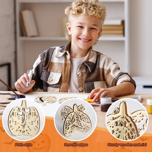COCHIE DIY 3D Halloween Pumpkin Wood Crafts to Paint for Kids Adults, Paintable Unfinished Wooden Slices for Craft, Cutouts Ornaments for Painting Decorations (24 PCS) - Image 3