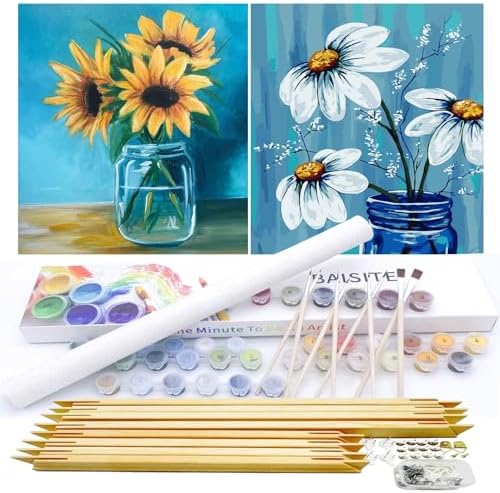 BAISITE Paint by Numbers Kit for Adults Beginners,12" Wx16 L 2 Pack Canvas for Painting Kits for Adults in Colorful Box-Daisy and Sunflowers 0304-DIY Frame by PaintbyNumbersKitsforAdults