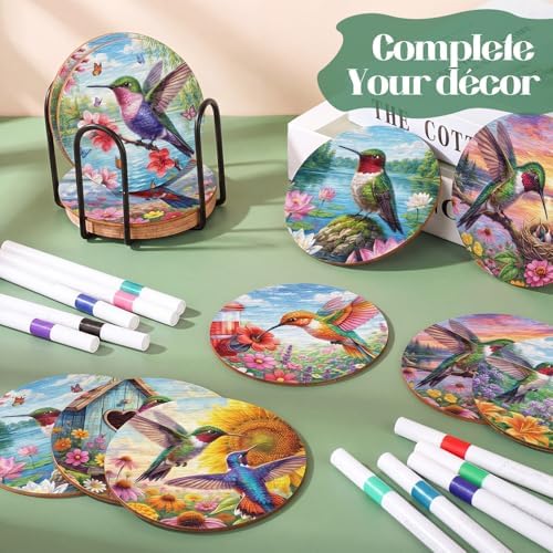 Reallnaive 45 Pcs Wooden Coasters Painting Set with Markers 4 Inch Boho Drink Coaster Gift Arts and Crafts DIY Kit for Adults, Women, Hobby, Ornament Home Apartment Decoration (Hummingbird) - Image 3