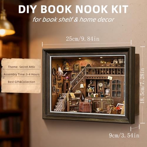 Book Nook Kit-3D Wooden Puzzle with LED Touch Control & Wall-Mountable Frame,DIY Miniature House for Beginners,Bookshelf/Tabletop/Wall Decor for Craft Lovers,Dollhouse Gift,Secret Attic - Image 5