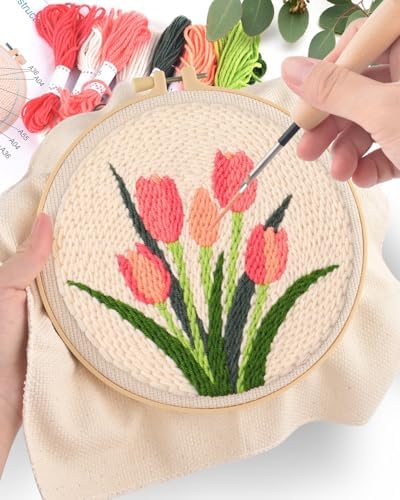 ERKOON Punch Needle Kit Adults Beginners, 2 Pcs DIY Easy Flower Embroidery Set for Starter Art Craft, Needling Punching Project with Patterns, Tools, Yarns, Hoop, Instruction (Sunflowers & Tulips) - Image 5