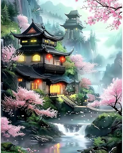 Beautiful Landscape Temple Paint by Numbers Kits for Adults, Paint by Number Beginner, Cherry Blossom, Canvas Painting by Numbers for Adults, Easy Oil Painting Kits for Gifts Home Decor 16x20 Inch by NEWENMO