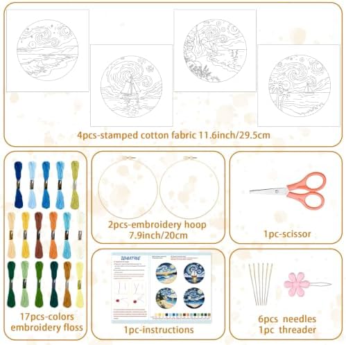 BEUNITONE 4pcs Embroidery Kit, Starry Sky & Beach Stamped Embroidery Kits with Hoop, Thread & Needles, Cross Stitch Kits Sewing Gifts for Adults and Beginners, DIY Craft for Relaxation - Image 2