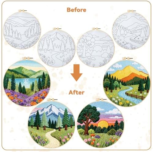 BEUNITONE 4 Set Forest Pattern Embroidery Kit for Adult Beginners Scenery Pre-Printed Designs Cross Stitch Kits, Needlepoint Kits for Adults, Handmade Embroidery for Home Decor 20x20cm - Image 4