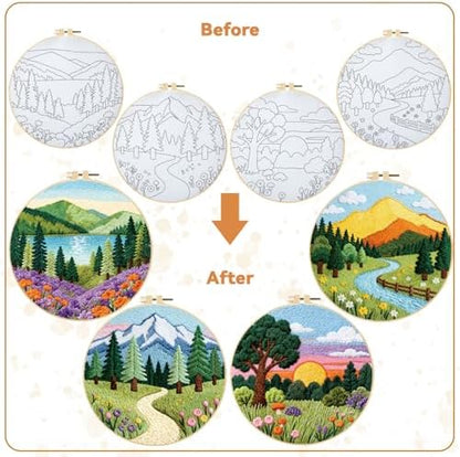 BEUNITONE 4 Set Forest Pattern Embroidery Kit for Adult Beginners Scenery Pre-Printed Designs Cross Stitch Kits, Needlepoint Kits for Adults, Handmade Embroidery for Home Decor 20x20cm - Image 4