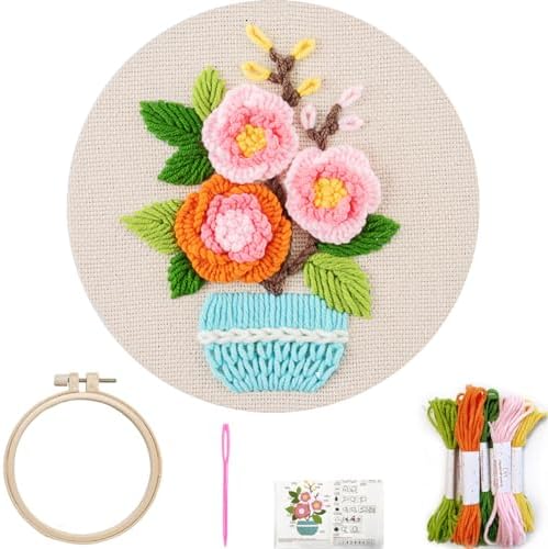 FONNUY Embroidery Kit for Beginners，3D Plants Flowers Pre-Stamped Pattern Kits Brightly Colored for Adults with Hoop (Pink Rose) by FONNUY