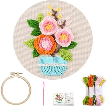 FONNUY Embroidery Kit for Beginners，3D Plants Flowers Pre-Stamped Pattern Kits Brightly Colored for Adults with Hoop (Pink Rose) by FONNUY
