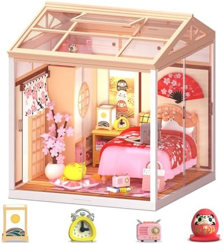 DIY Japanese Bedroom Miniature House Kit, LED Light Mini Dollhouse Kit for Adults and Teens, with Roof & Dust Covers, Tiny House Gifts for Kids and Adults by Loyratche