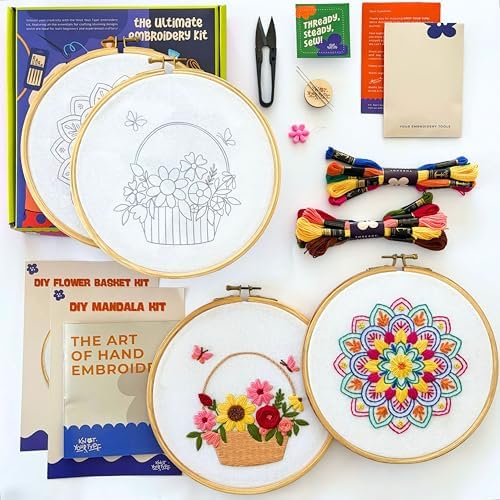 KNOT YOUR TYPE Mandala and Flower Basket DIY Embroidery Kit - Bundle Of 2| Beginner Friendly Kits with All Stitching Materials | Hand Embroidery Kit For Adults | Perfect for Gifting DIY Kit, Hobby Kit by KnotYourType