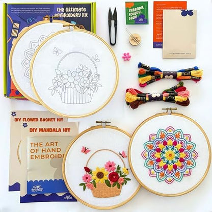 KNOT YOUR TYPE Mandala and Flower Basket DIY Embroidery Kit - Bundle Of 2| Beginner Friendly Kits with All Stitching Materials | Hand Embroidery Kit For Adults | Perfect for Gifting DIY Kit, Hobby Kit by KnotYourType