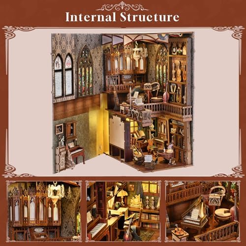 fifijoy Book Nook Kit Music, DIY Miniature House Kit Book Nook, 3D Wooden Puzzle Bookshelf Insert Diorama Kit with Led Light for Teens and Adults (Timeless Melody) - Image 3