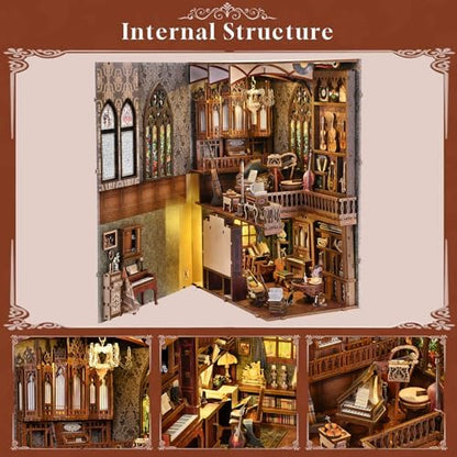 fifijoy Book Nook Kit Music, DIY Miniature House Kit Book Nook, 3D Wooden Puzzle Bookshelf Insert Diorama Kit with Led Light for Teens and Adults (Timeless Melody) - Image 3
