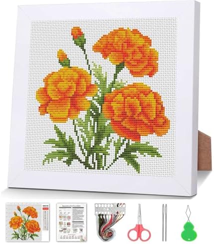 Marigold Stamped Cross Stitch Kits for Adult Beginner with Wooden Frame by VIGEGU