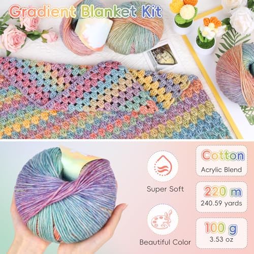 Aeelike Crochet Blanket Kit for Beginner, Easy Crochet Kits, Rainbow Gradient - Image 3
