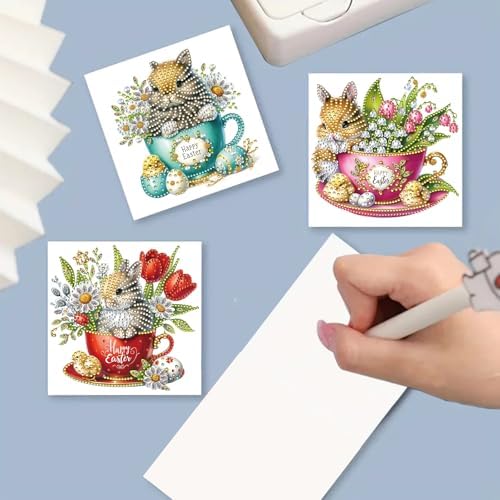 DIY Diamond Greeting Cards Set, 5D DIY Diamond Art Painting Festival Style Greeting Card, DIY Christmas Card Making Kits for Family Friends Handmade Gift-#20-Teacup Bunny - Image 4