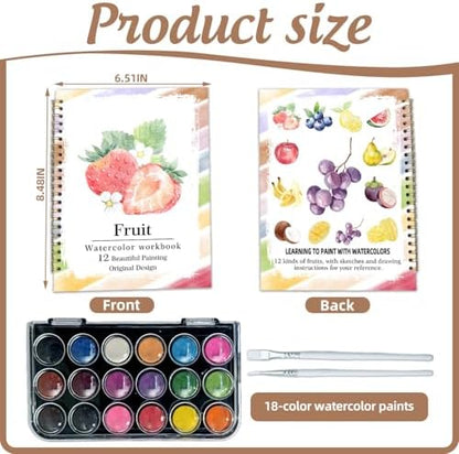 Watercolor Workbook, Water Coloring Book, 12 Different Patterns of Original DIY Designs, 18 Colors Watercolor Paint Set, Beginner-Friendly Watercolor Workbooks (Fruits), Perfect Gifts for Adults - Image 2
