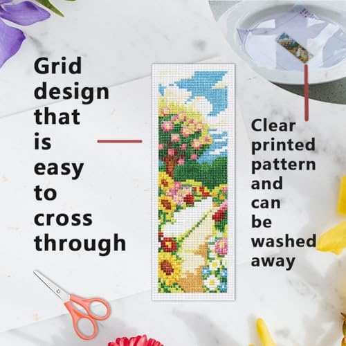 INFUNLY 6 Set Colorful Garden DIY Cross Stitch Bookmark Kits for Adults Rose Sunflower Counted Cross Stitch Kit with Instruction Flowers Stamped Embroidery Bookmark Kit for Book Lovers Readers Gift - Image 3
