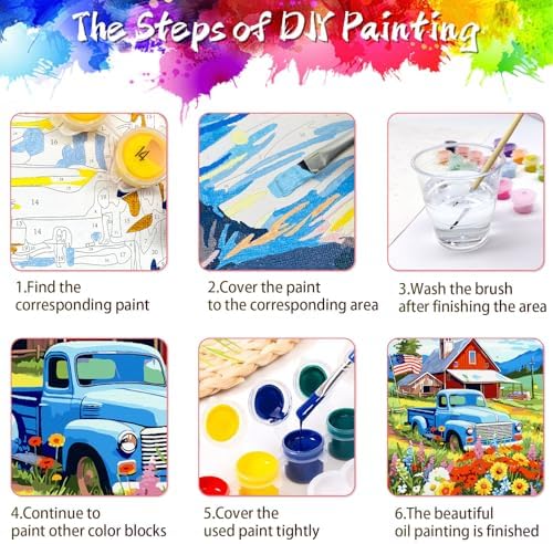 ZTOTZ Vintage Blue Truck Paint by Numbers Kit for Adults, 16x20 in American Farm Countryside Paint by Number Canvas, Red Barn -Floral Landscape Oil Painting for Adults Set - Image 6