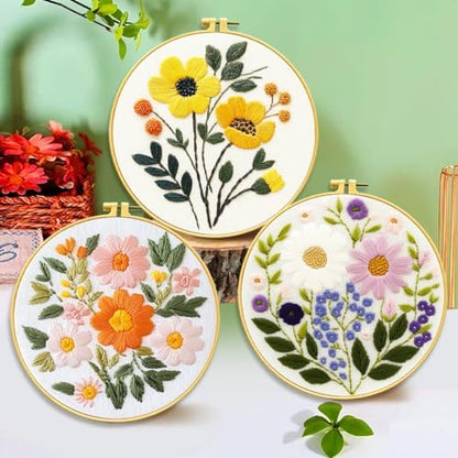 Zhenqing Floral Embroidery Kit for Beginners, 3 Patterns, 7.8in Hoop - Image 2