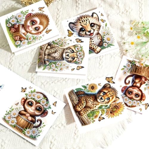 LazyFold 6 Pcs Diamond Art Painting Greeting Cards Kits, DIY Cute Leopard Handmade Festival Greeting Cards with Envelopes Diamond Art Crafts Birthday Cards Creative Gift - Image 5