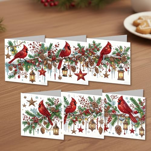 jinglinhh 6pcs Diamond Art Painting Christmas Cardinal Lantern Greeting Cards with Envelopes, DIY Card Making Kits for Adults, Diamond Art Christmas Cards for Birthday Holiday Postcards - Image 6