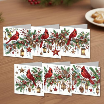 jinglinhh 6pcs Diamond Art Painting Christmas Cardinal Lantern Greeting Cards with Envelopes, DIY Card Making Kits for Adults, Diamond Art Christmas Cards for Birthday Holiday Postcards - Image 6