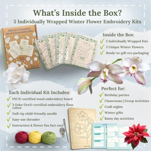 Wooden Flower Lacing Embroidery Kits for Beginners, Set of 5 Learn-to-Stitch Craft Boards, Sewing & Embroidery Art Kits for Kids Ages 8+, DIY Craft Projects, Educational Gifts, Party Favors (Winter) - Image 2