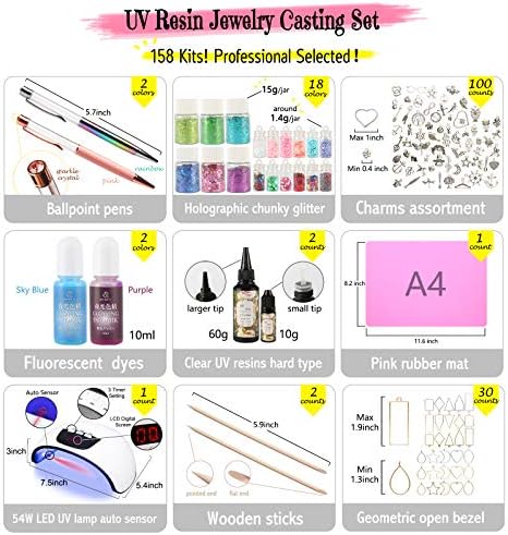FUNSHOWCASE UV Resin Jewelry Making Supplies 158-kit 54W LED UV Lamp, Clear Ultraviolet Resin Hard Type, Fluorescent Dye, Liquid Ballpoint Pen, Holographic Chunky Glitter, Charms, Open Bezel - Image 2