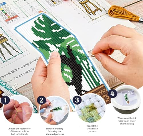 FREEBLOSS 6 Set Cross Stitch Bookmark Kits Cat and Potted Plants Stamped Cross Stitch Kit for Beginners, Printed Embroidery Bookmarks Kit with Instructions for Adults, 8''x2.4'' - Image 4