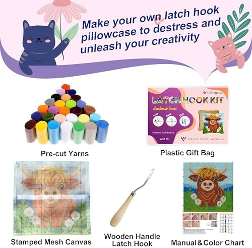 veirousa Highland Cow Latch Hook Kits for Adults Beginners, Pre-Printed Animal Latch Hook Pillow Kit, Craft Rug Making Kits, DIY Embroidery Cushion for Home Sofa Decor & Gift Idea 17x17 in. - Image 2