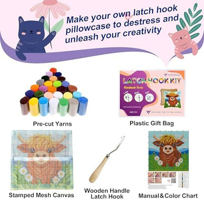veirousa Highland Cow Latch Hook Kits for Adults Beginners, Pre-Printed Animal Latch Hook Pillow Kit, Craft Rug Making Kits, DIY Embroidery Cushion for Home Sofa Decor & Gift Idea 17x17 in. - Image 2