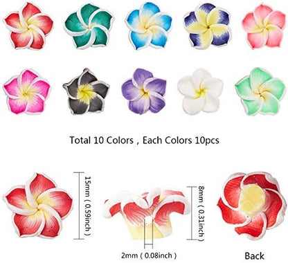 SUNNYCLUE 100Pcs 10 Color Polymer Clay Flower Beads Plumeria Spacer Loose Beads 15x8mm 5 Petal Summer Hawaii Floral Hawaiian Beach Spacer Charm Beads for Jewelry Earring Making Supplies DIY Craft - Image 2