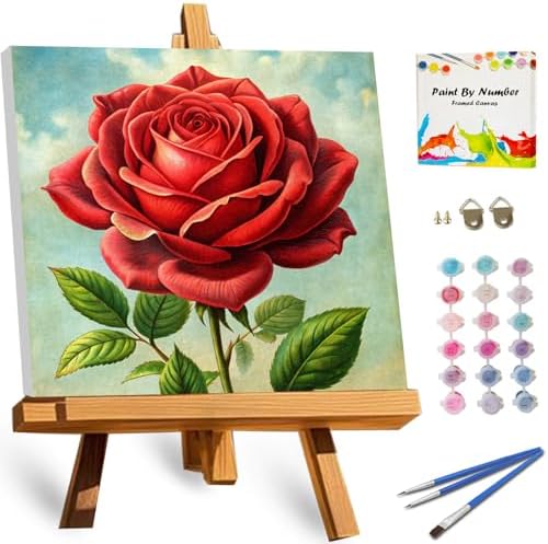 TOCARE Framed Paint by Numbers Kit for Adults Beginner & Kids Ages 8-12,Red Rose Paint by Number Framed, Simple Oil Paint by Number Kits Valentines'Day Gift (10x10 Inch, Without Easel) by TOCAREDirect