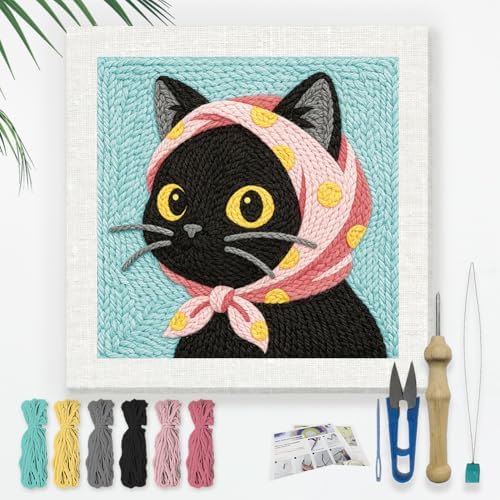 DOODLREAM Cartoon Bandana Cat Needle Kit for Beginner, 9.4"x 9.4" Cute Pet Punch Stitching Craft Set, DIY Embroidery Starter with Printed Frame, Instruction, Threader, Yarn, Punch Needle by Doodlream