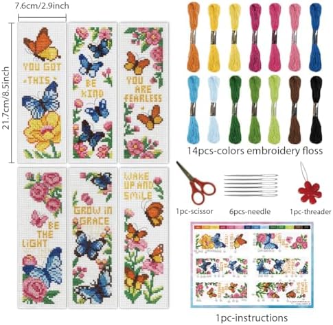 INFUNLY 6pcs Butterfly Quotes Cross Stitch Bookmark Kit DIY Embroidery Starter Set 3x8.5 Inch Cotton Linen Pre-Printed Fabric 14 Colors Floss Backing Felt Needles Threader Instructions for Book Lovers - Image 2