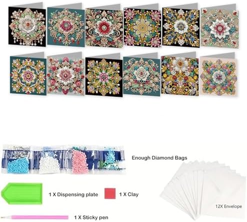 jinglinhh 12pcs Diamond Art Painting Mandala Greeting Cards with Envelopes, DIY Card Making Kits for Adults, Diamond Art Christmas Cards for Holiday Gifts - Image 3