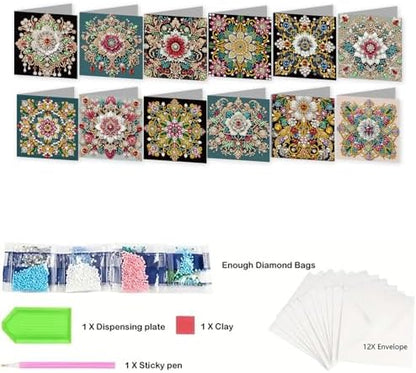 jinglinhh 12pcs Diamond Art Painting Mandala Greeting Cards with Envelopes, DIY Card Making Kits for Adults, Diamond Art Christmas Cards for Holiday Gifts - Image 3