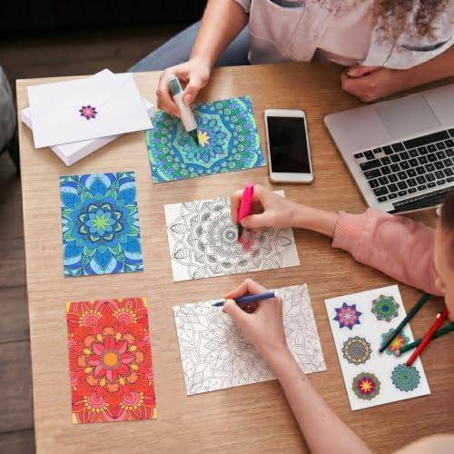 Gueevin 24 Pcs Mandala Coloring Greeting Cards with Envelopes and Stickers Floral Color Your Own Postcards 4 x 6 Flower Thank You Note Cards for Adults Wedding Birthday Gifting DIY Crafts Mailing - Image 5