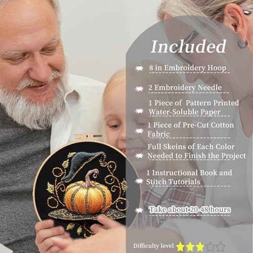 FONNUY Pumpkin Embroidery Kit for Beginners, Pre-Stamped Pattern Kits for Adults with Hoop, Easy to Follow Color Thread Needlework, 8'' Hoop (Witch Hat 2) - Image 2