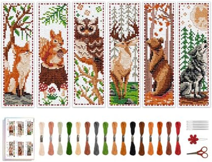 ACRNIGHEET 6 PCS Cross Stitch Bookmark Kit Animals Patterns DIY Stamped Embroidery Bookmark Kit DIY Bookmarks Crossstitch Kits Adul Stamped Embroidery Bookmarks with Instructions 11CT by ACRNIGHEET