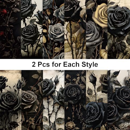24 Sheets Black Rose Pattern Paper, 6" x 6" Rose Scrapbooking Supplies Paper Decorative Craft Paper for DIY Card Making Photo Album Junk Journal Décor - Image 3